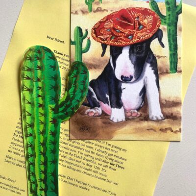 Bull terrier puppy with a sombrero, print, with a bookmark and letter