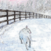 White bull terrier walking in snow, painting