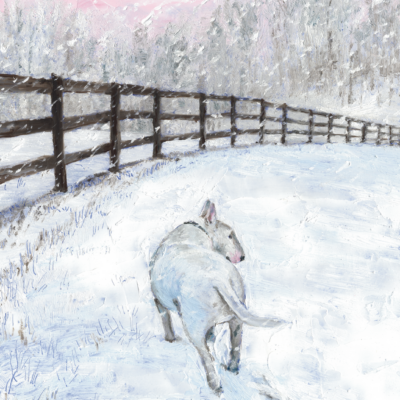 White bull terrier walking in snow, painting