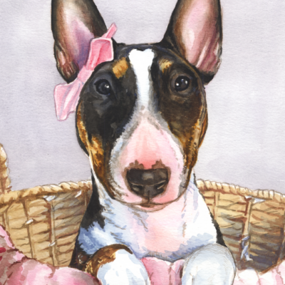 Tricolor bull terrier with a pink bow, painting