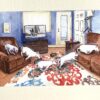 White bull terrier running from chair to couch, painting