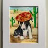 Black bull terrier puppy wearing sombrero, painting