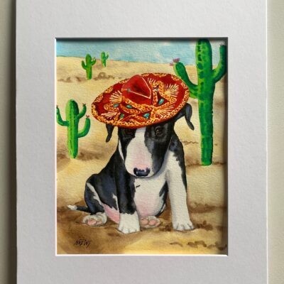 Black bull terrier puppy wearing sombrero, painting