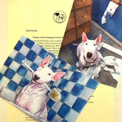 Two prints of bull terriers, with a letter