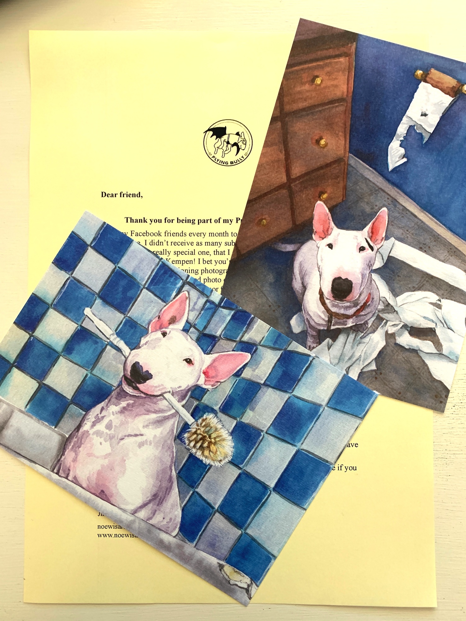 May_print_2026_5x7 Two prints of bull terriers, with a letter
