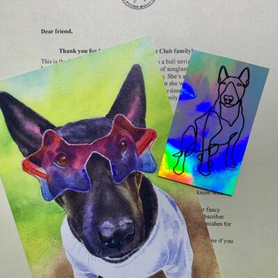 Print of a Bull terrier wearing sunglasses, and holographic sticker
