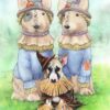 Bull terrier puppy dressed as a scarecrow