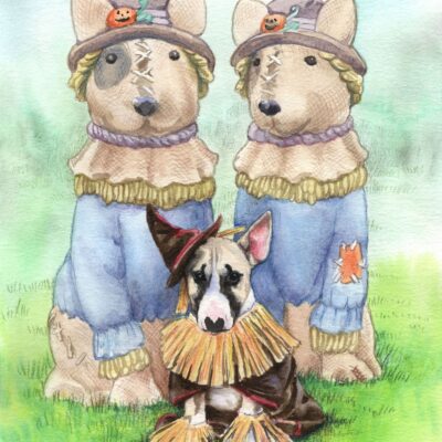 Bull terrier puppy dressed as a scarecrow