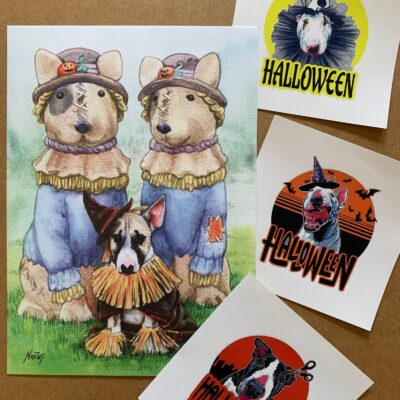 Print of bull terrier with 3 stickers.