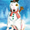 Bull Terrier dressed as a snowman